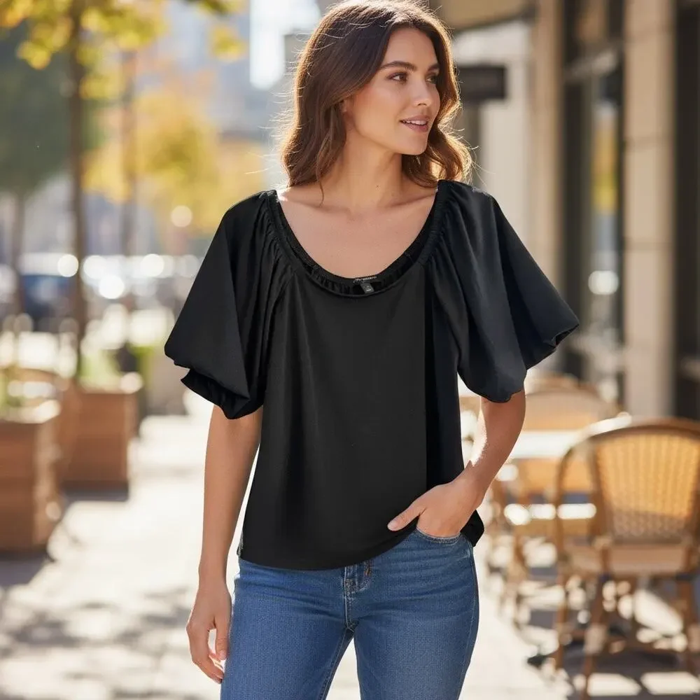Banana Republic SS Crepe Puff Short Sleeve Top Blouse Black Shirt 2022 Small